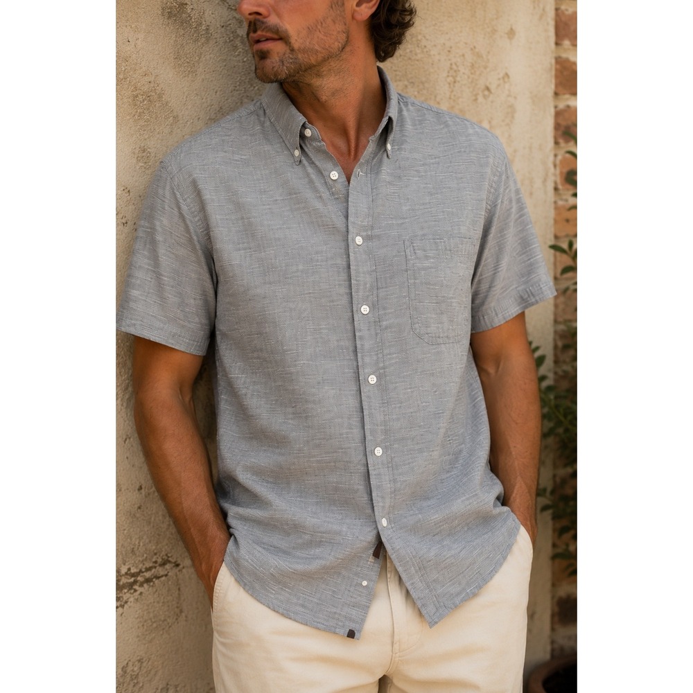 Billy Reid Standard Cut Italian Cotton Slub Short Sleeve Button Down Shirt L